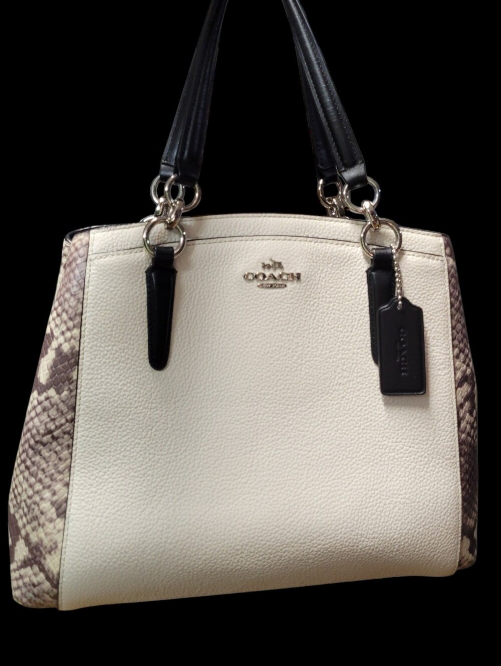 Coach Cream Pebbled Leather Tote with Black Handles and Snake-Print Sides